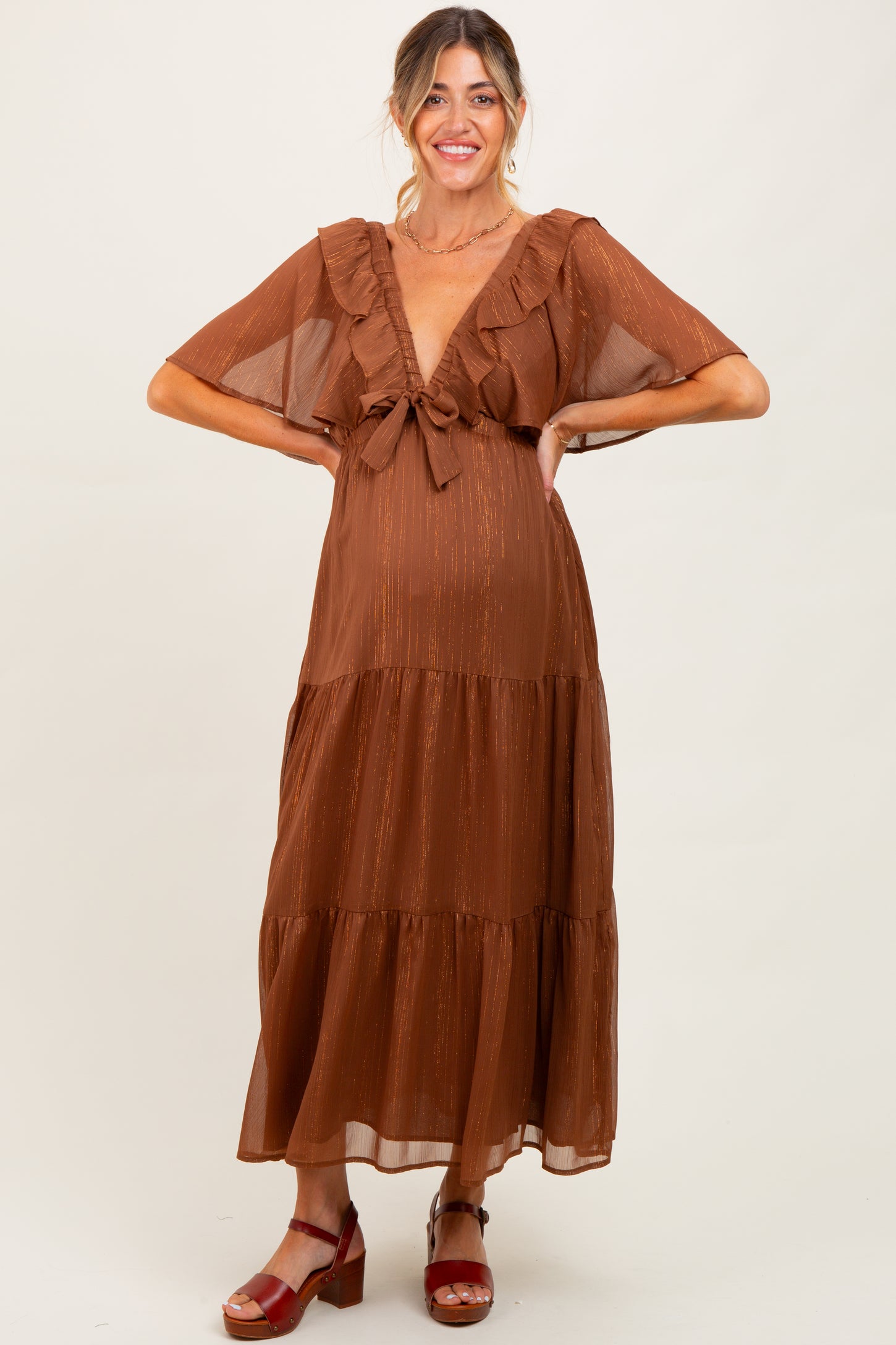 Brown Metallic Chiffon Ruffle V-Neck Maternity Midi Dress Brown Metallic Chiffon Ruffle V-Neck Maternity Midi Dress
