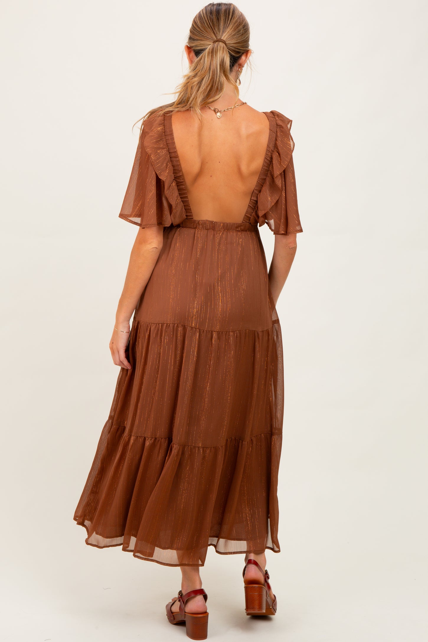 Brown Metallic Chiffon Ruffle V-Neck Maternity Midi Dress – PinkBlush