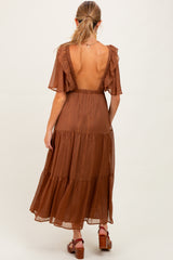 Brown Metallic Chiffon Ruffle V-Neck Maternity Midi Dress