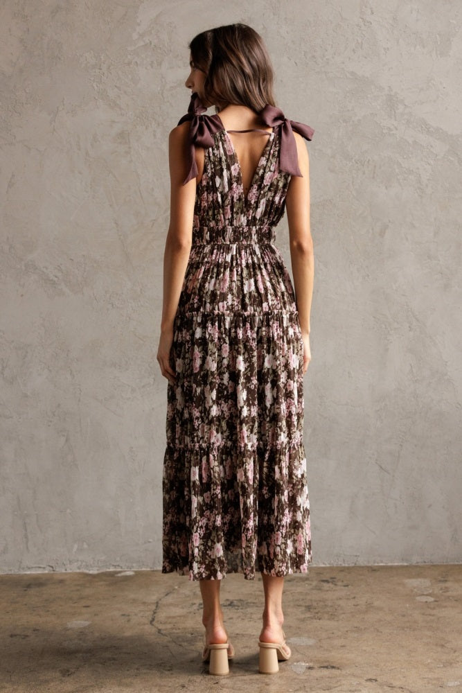 Brown Floral V-Neck Shoulder Tie Midi Dress