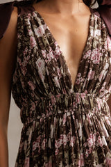 Brown Floral V-Neck Shoulder Tie Midi Dress