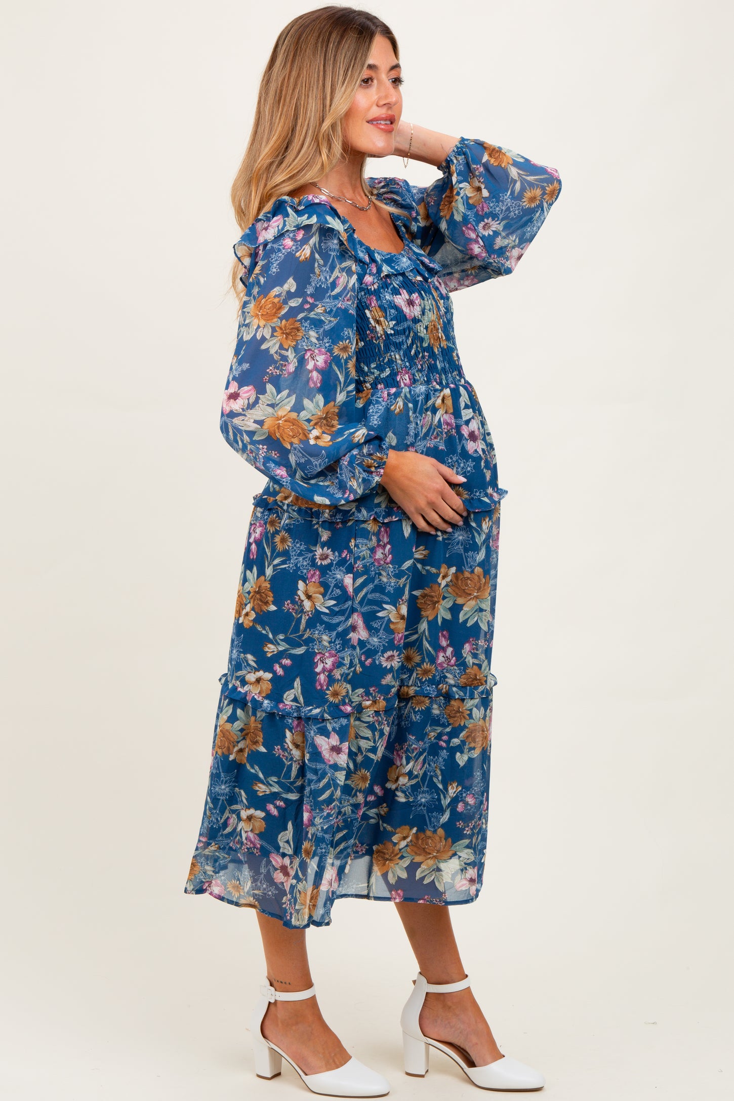 navy floral chiffon midi dress Womens Friends Like These Blue Floral Chiffon Short Sleeve Midi Dress US 14