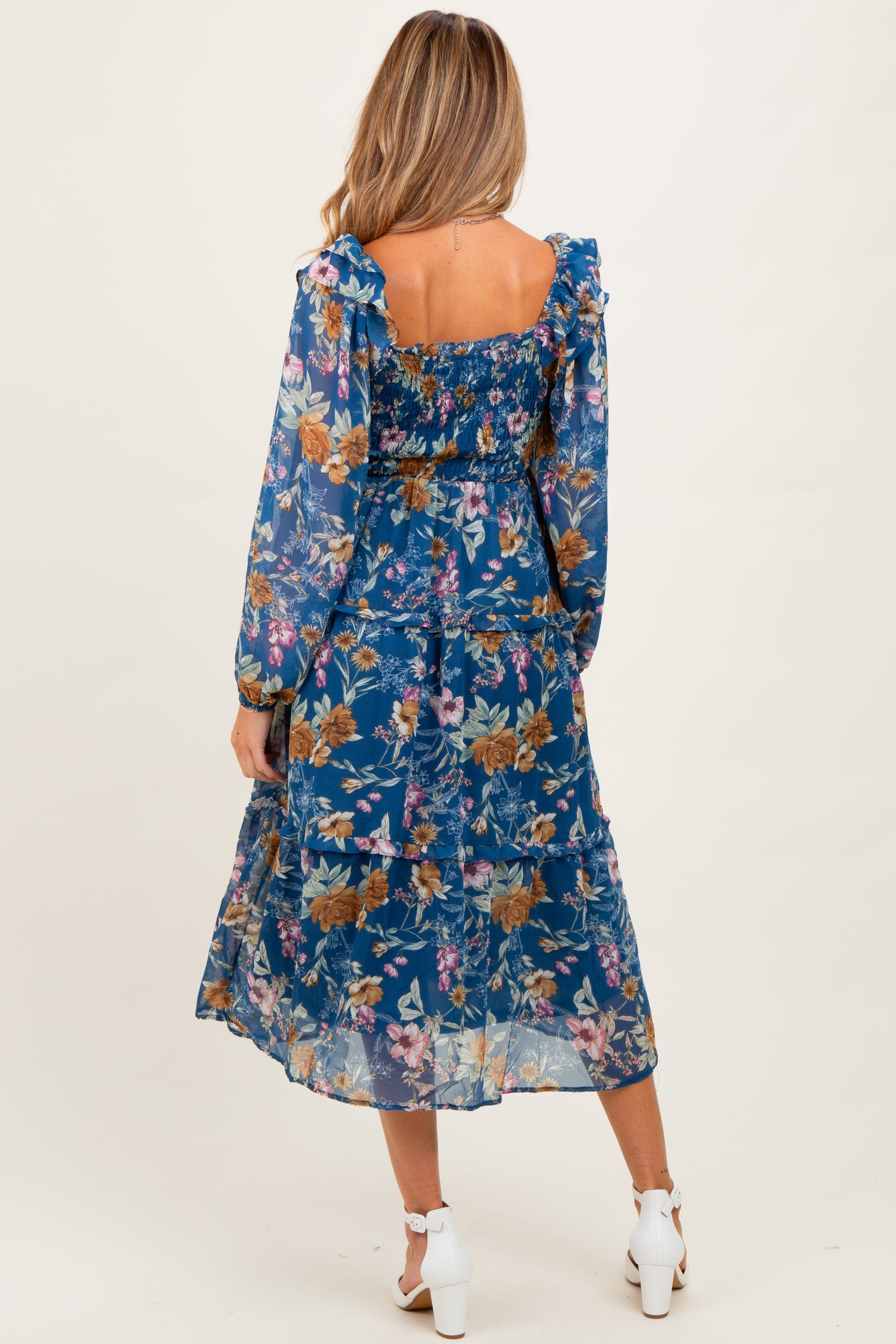 Navy Floral Chiffon Smocked Ruffle Tiered Maternity Midi Dress