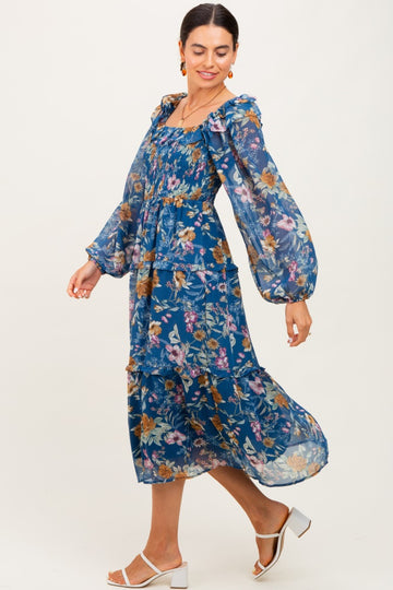 Navy Floral Chiffon Smocked Ruffle Tiered Midi Dress