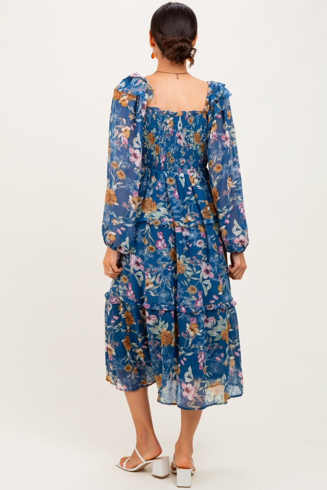 Navy Floral Chiffon Smocked Ruffle Tiered Midi Dress