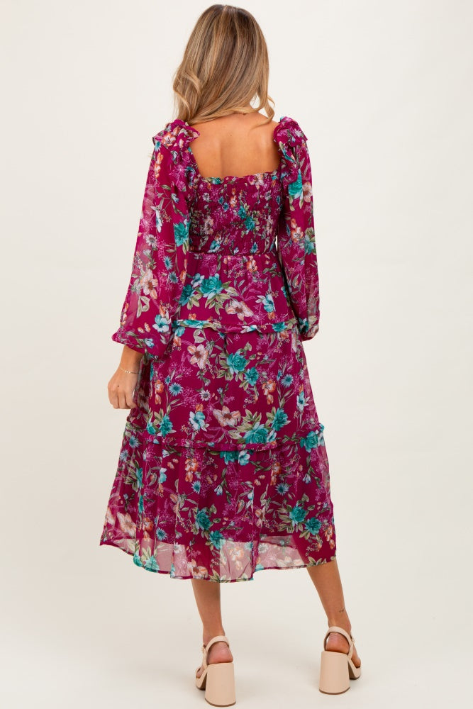 Burgundy Floral Chiffon Smocked Ruffle Tiered Maternity Midi Dress