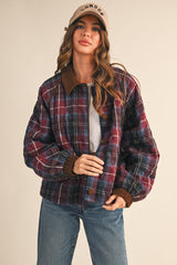 Plum Plaid Quilted Corduroy Contrast Maternity Jacket