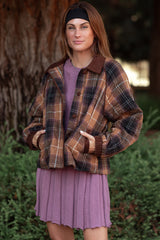 Brown Plaid Quilted Corduroy Contrast Jacket