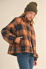 Brown Plaid Quilted Corduroy Contrast Jacket
