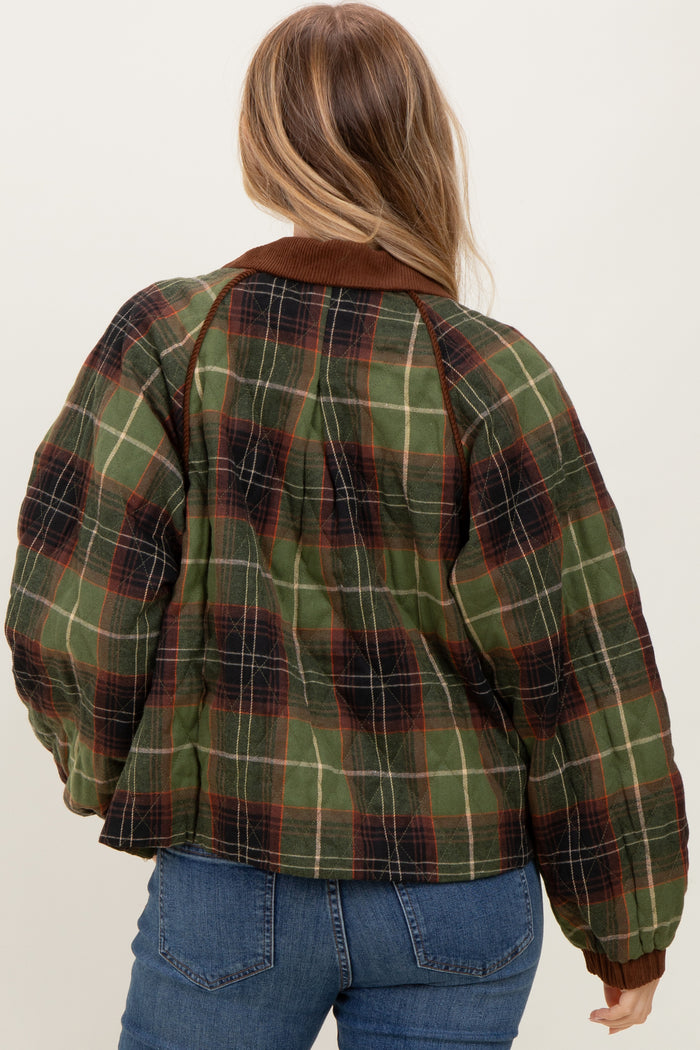 Olive Plaid Quilted Corduroy Contrast Jacket