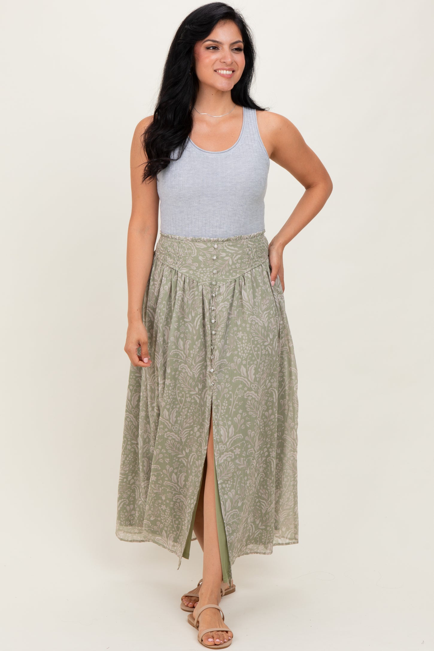 Light Olive Floral Chiffon Button Detail Maxi Skirt