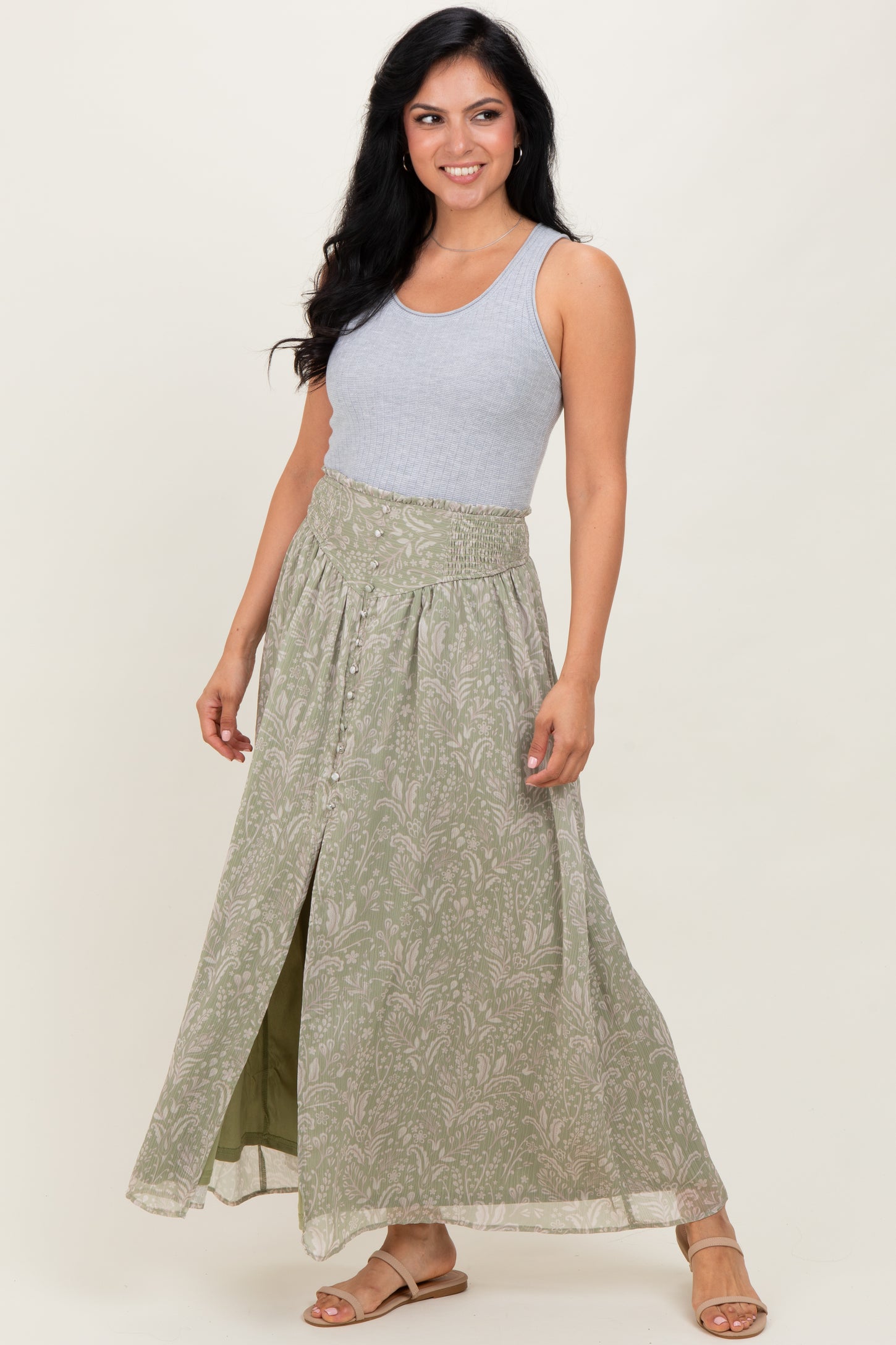 Light Olive Floral Chiffon Button Detail Maxi Skirt