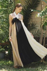 Taupe Colorblock Pleated Halter Neck Maternity Maxi Dress