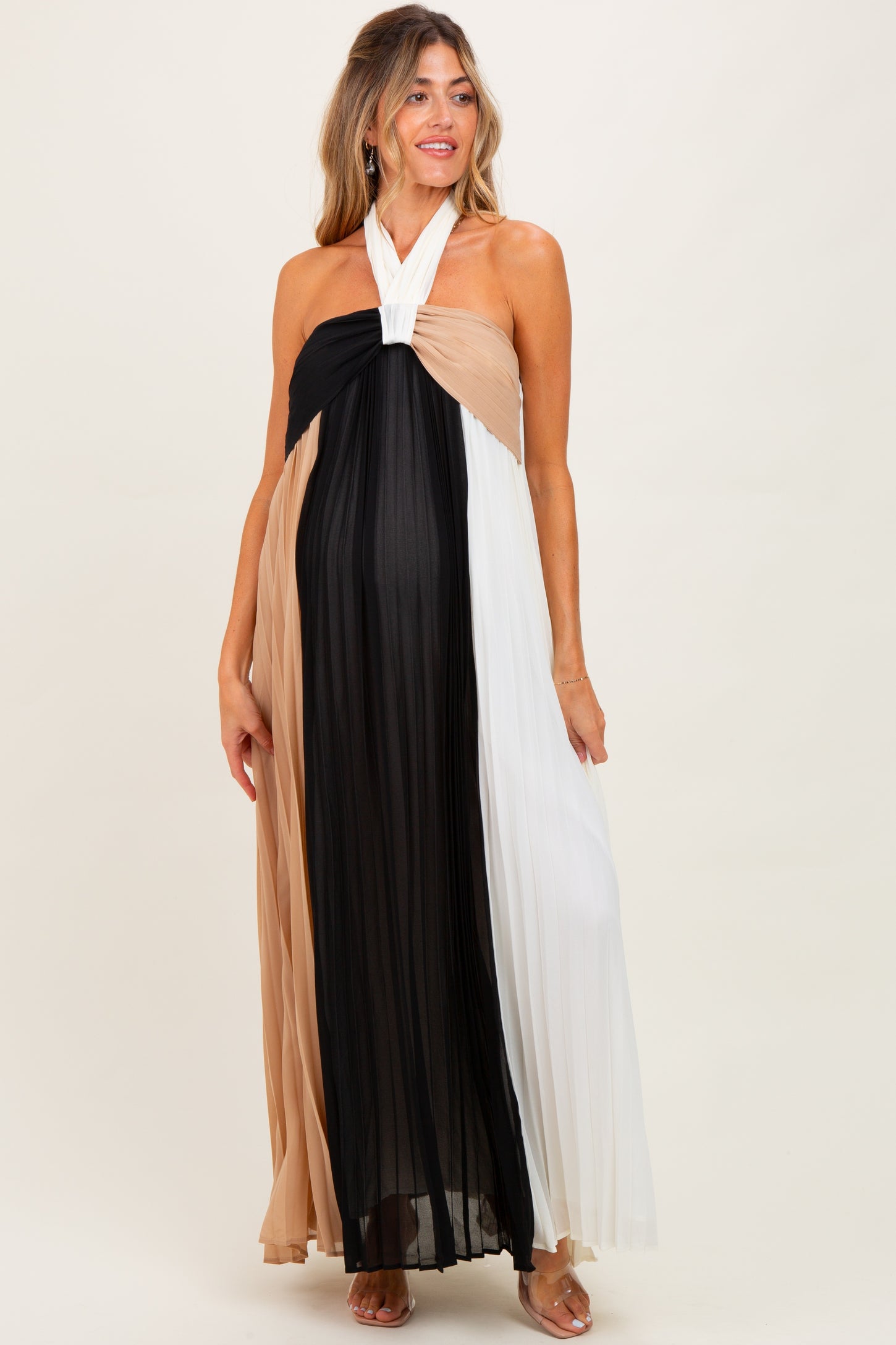 Taupe Colorblock Pleated Halter Neck Maternity Maxi Dress