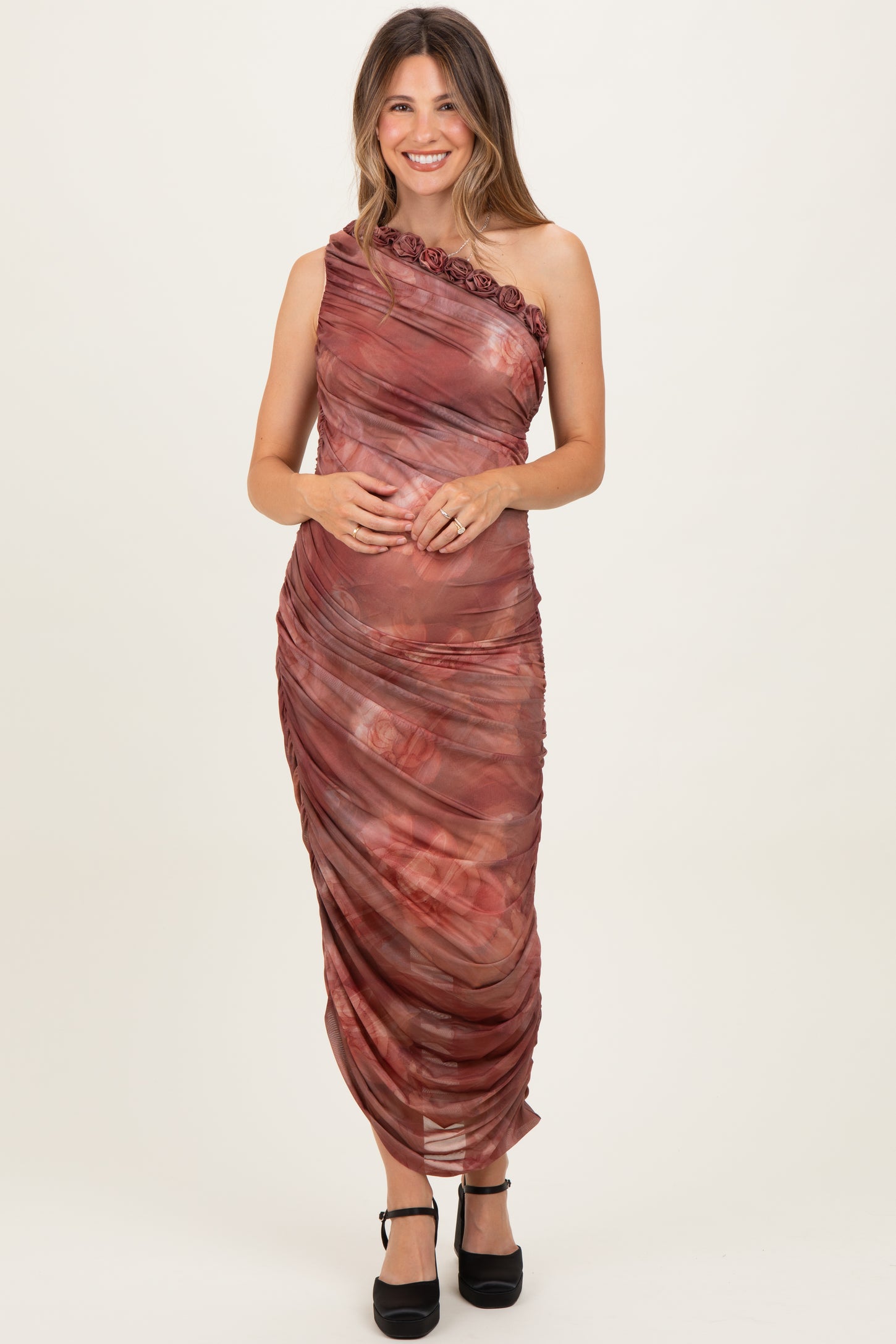Rust Floral Ruched Rosette One-Shoulder Maternity Midi Dress Rust Floral Ruched Rosette One-Shoulder Maternity Midi Dress
