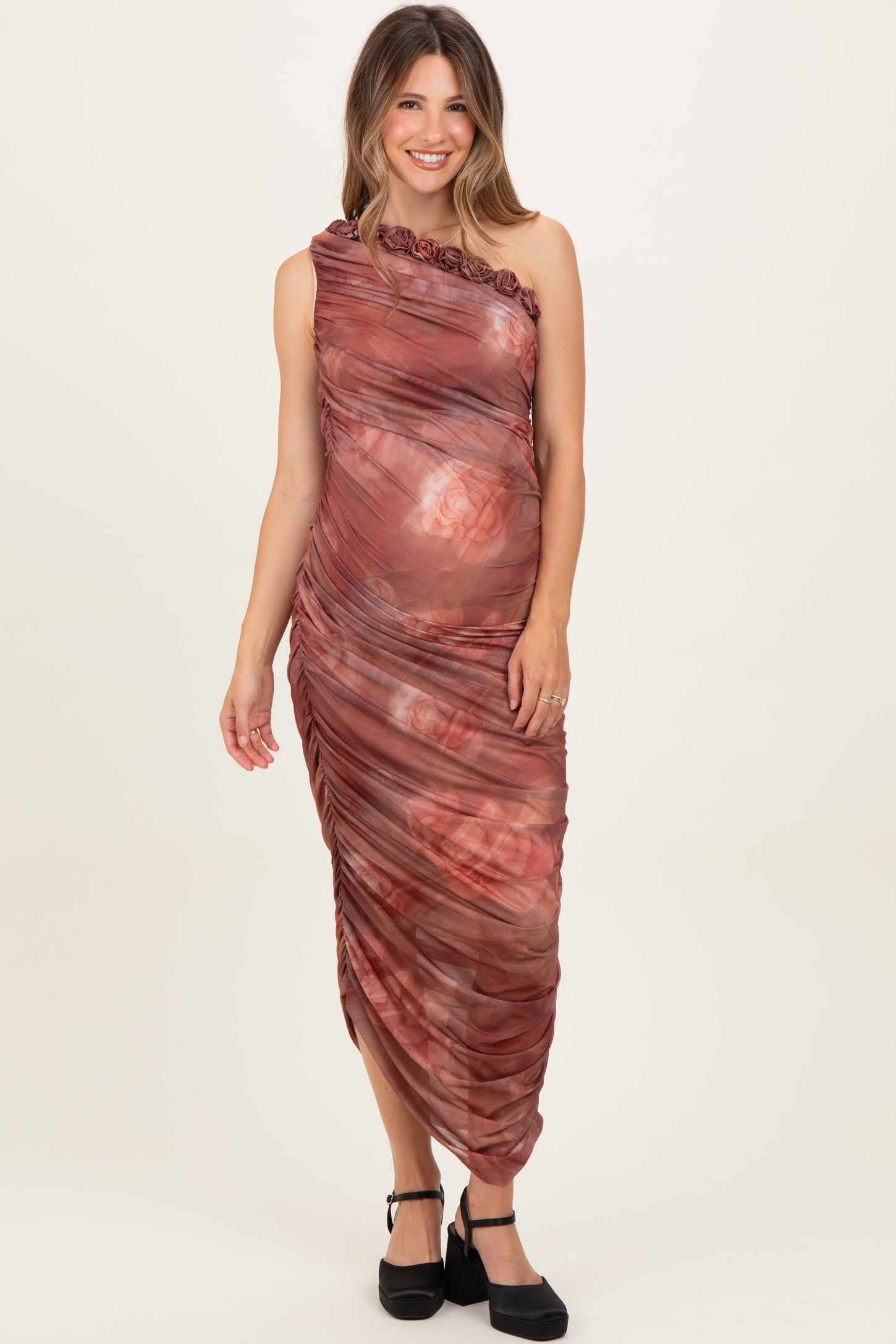 maternity ruched midi dress Rust Floral Ruched Rosette One-Shoulder Maternity Midi Dress