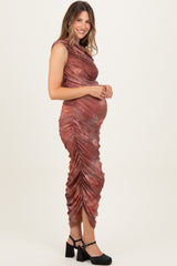 Rust Floral Ruched Rosette One-Shoulder Maternity Midi Dress