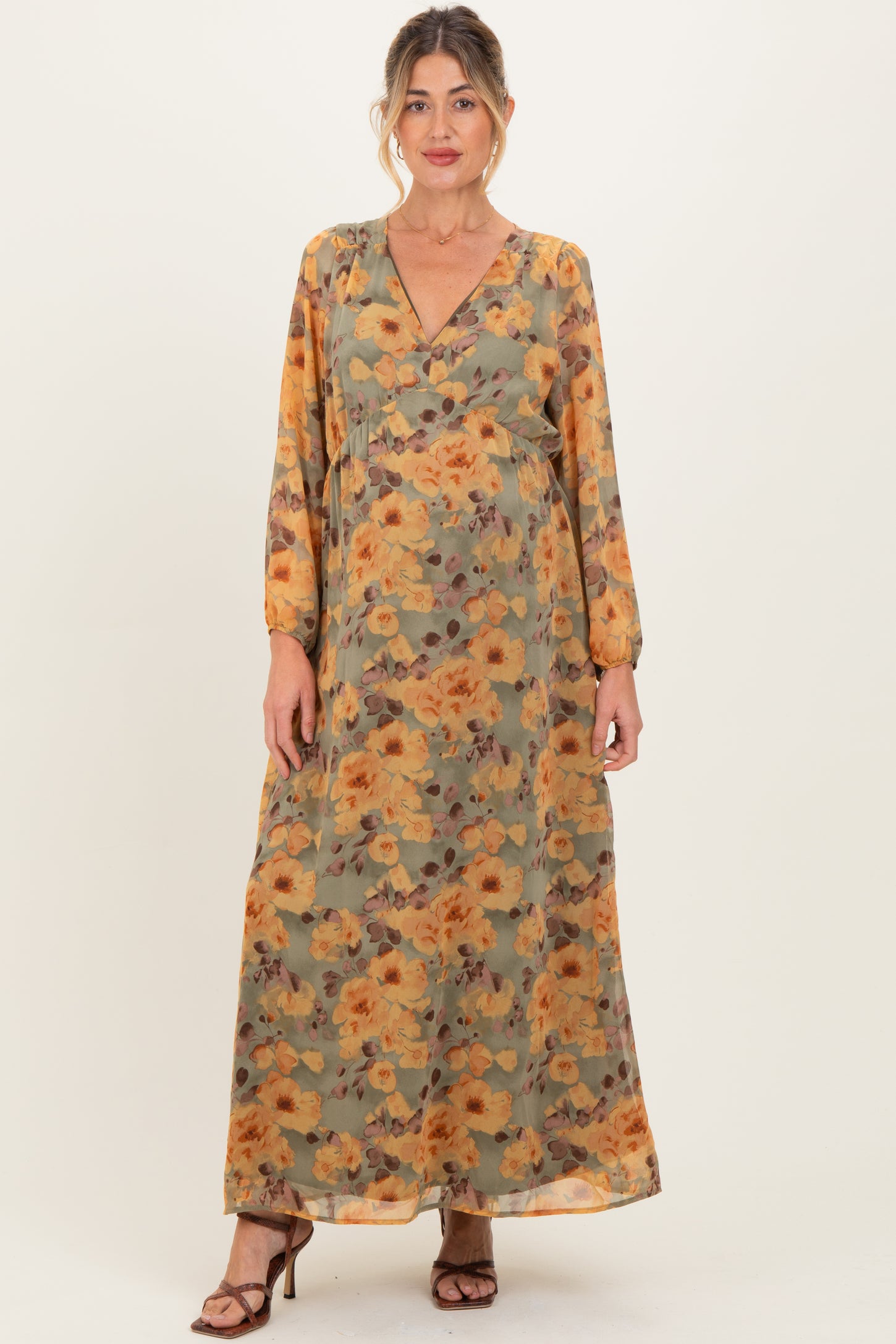 Light Olive Floral V-Neck Long Sleeve Maternity Midi Dress