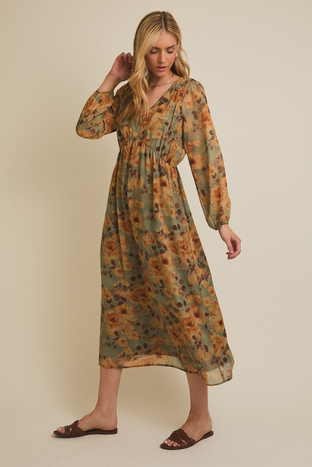 Light Olive Floral V-Neck Long Sleeve Midi Dress