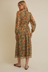 Light Olive Floral V-Neck Long Sleeve Midi Dress