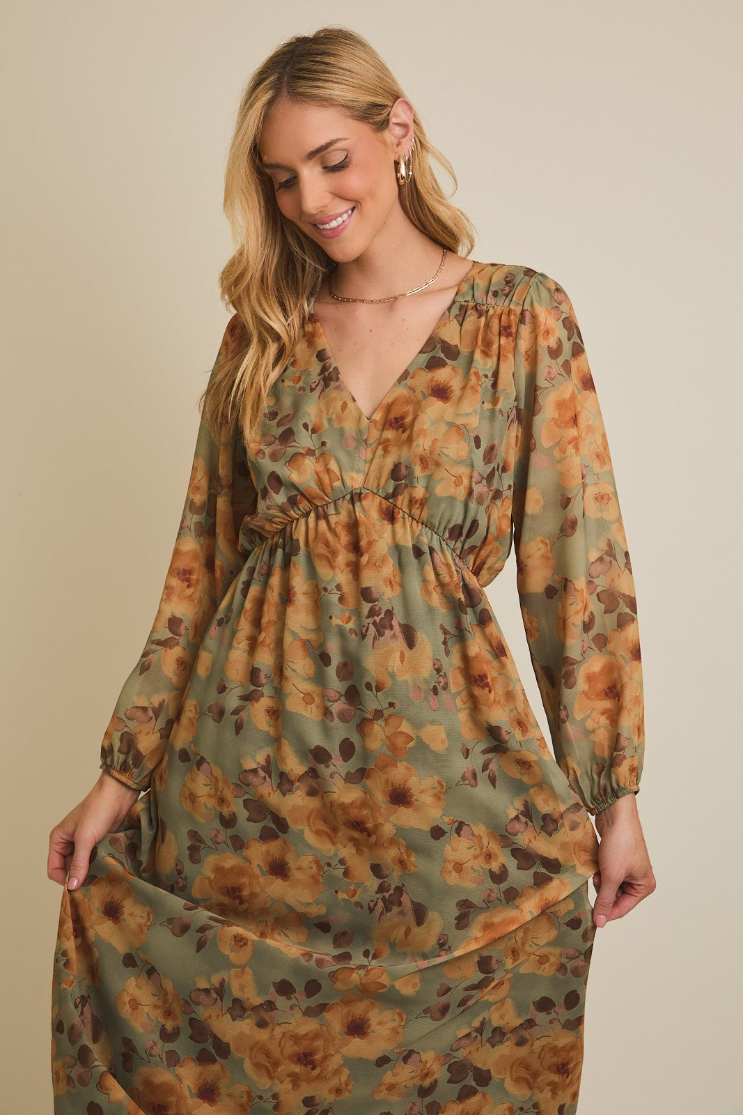 Light Olive Floral V-Neck Long Sleeve Midi Dress