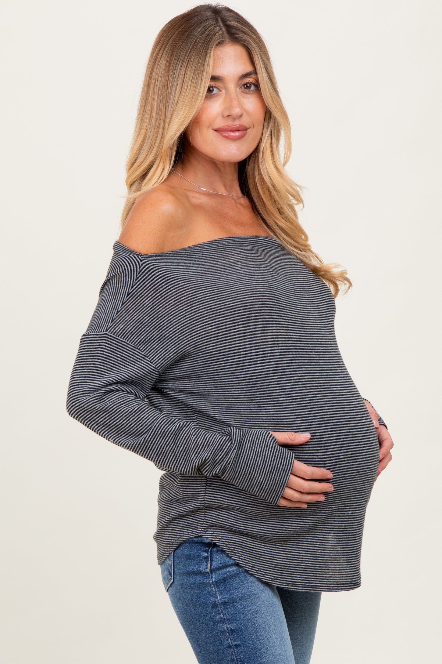 Black Striped Boat Neck Long Sleeve Maternity Top
