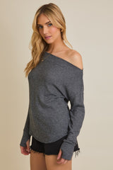Black Striped Boat Neck Long Sleeve Top
