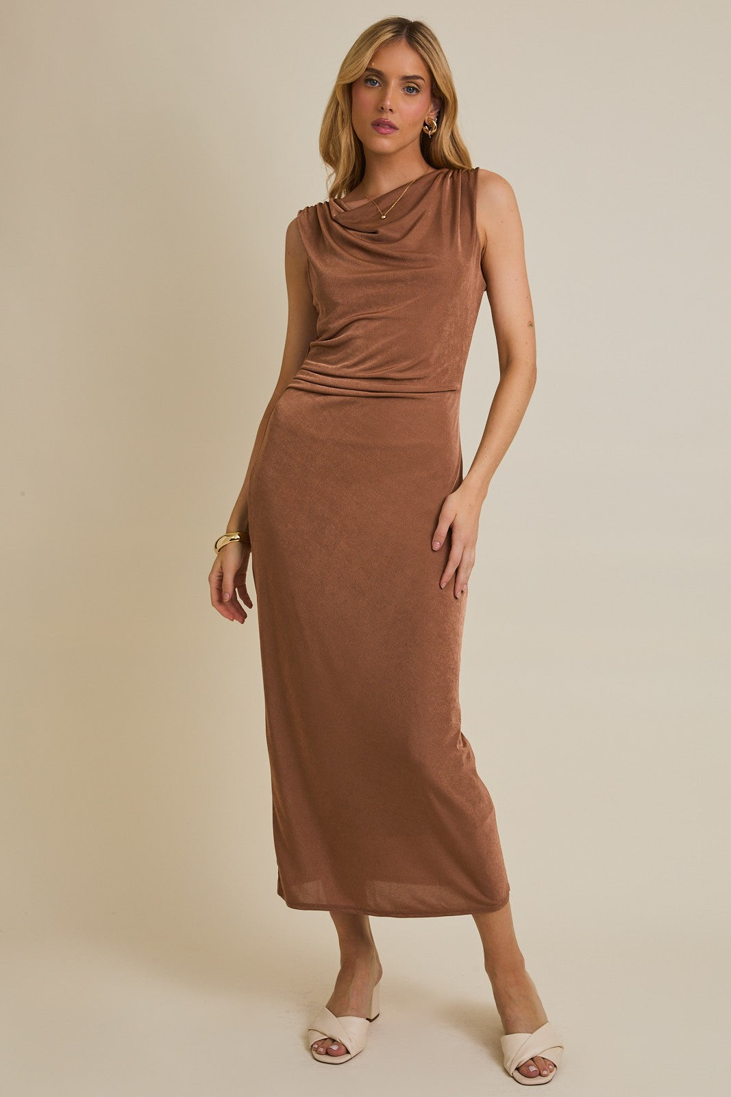 Mocha Draped Neck Sleeveless Maternity Midi Dress
