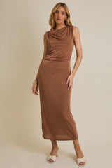 Mocha Draped Neck Sleeveless Maternity Midi Dress