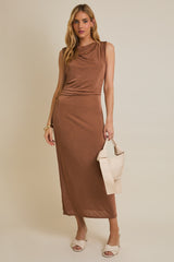 Mocha Draped Neck Sleeveless Midi Dress
