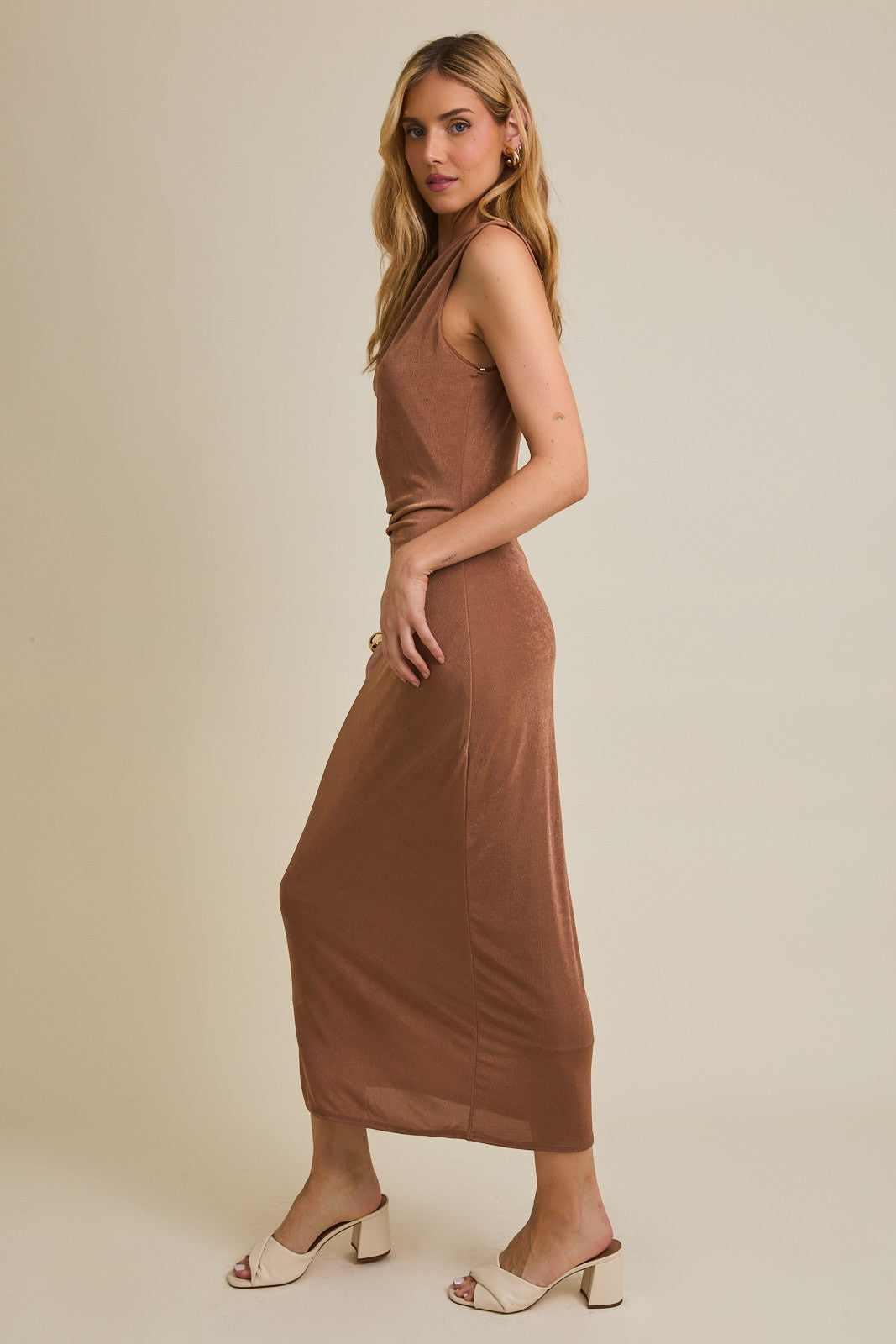 Mocha Draped Neck Sleeveless Midi Dress