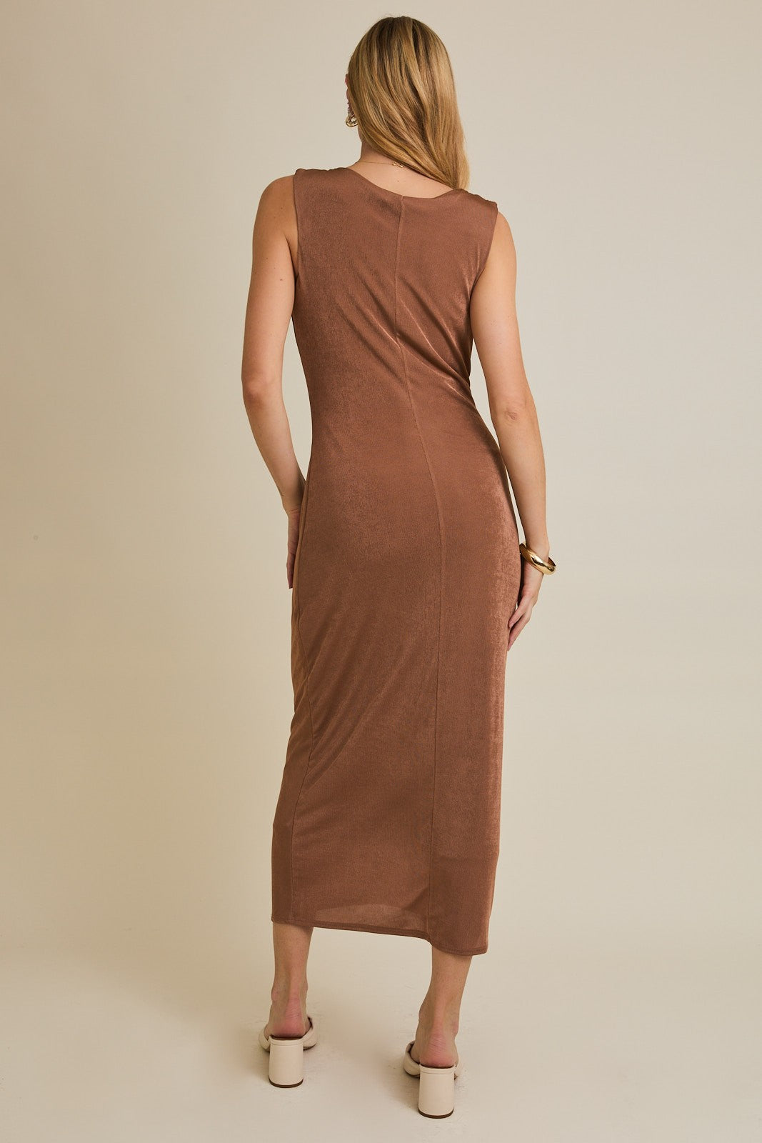 Mocha Draped Neck Sleeveless Midi Dress