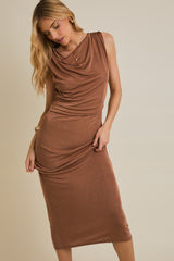 Mocha Draped Neck Sleeveless Midi Dress