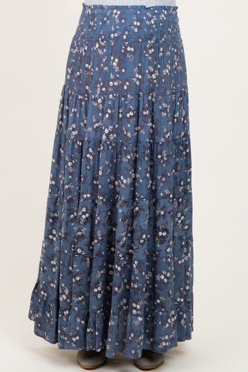 Blue Floral Smocked Waist Tiered Maternity Maxi Skirt