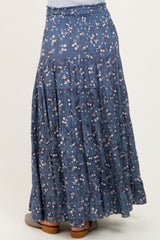 Blue Floral Smocked Waist Tiered Maternity Maxi Skirt