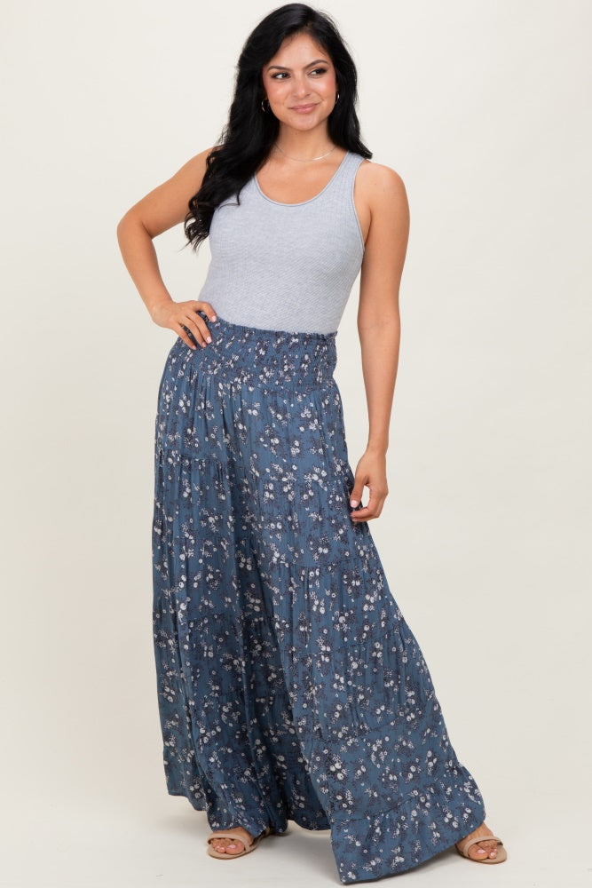 Blue Floral Smocked Waist Tiered Maxi Skirt
