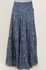 Blue Floral Smocked Waist Tiered Maxi Skirt