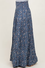 Blue Floral Smocked Waist Tiered Maxi Skirt