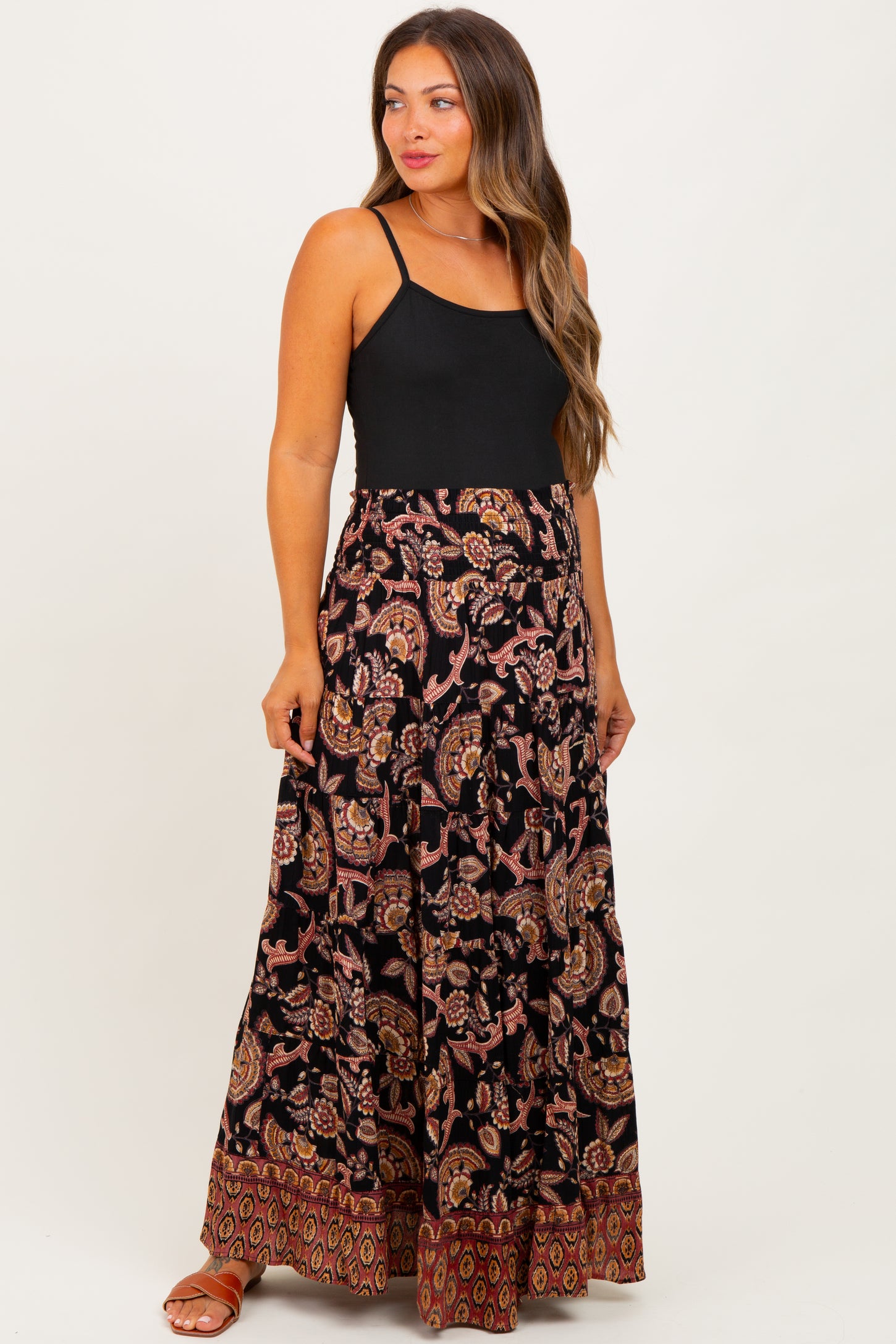 Black Paisley Smocked Waist Tiered Maternity Maxi Skirt