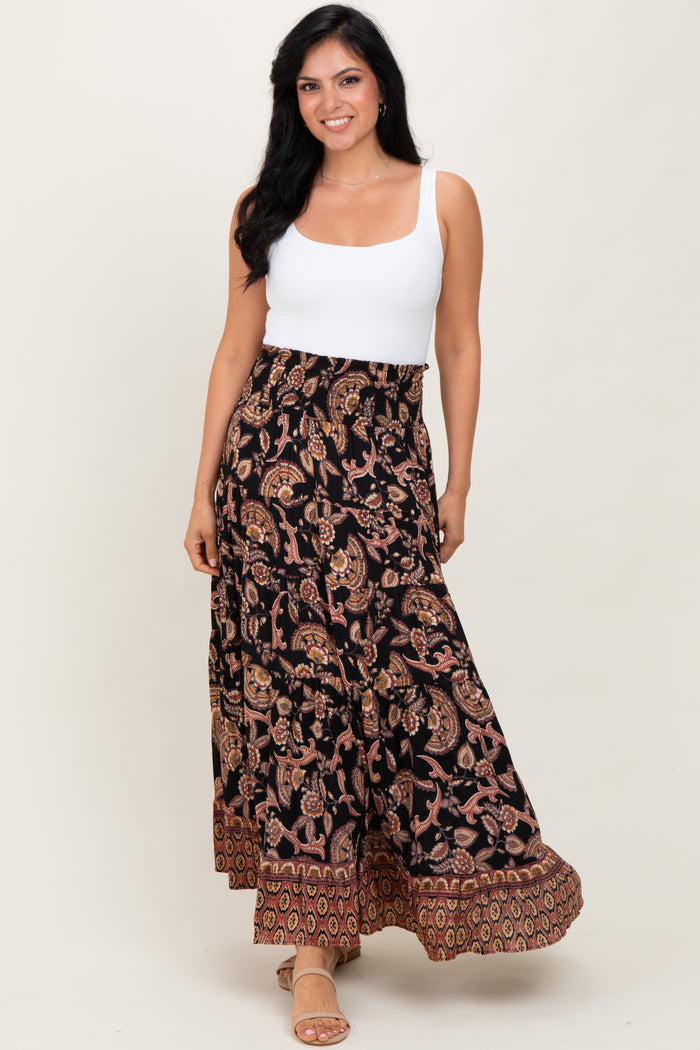 Black Paisley Smocked Waist Tiered Maternity Maxi Skirt