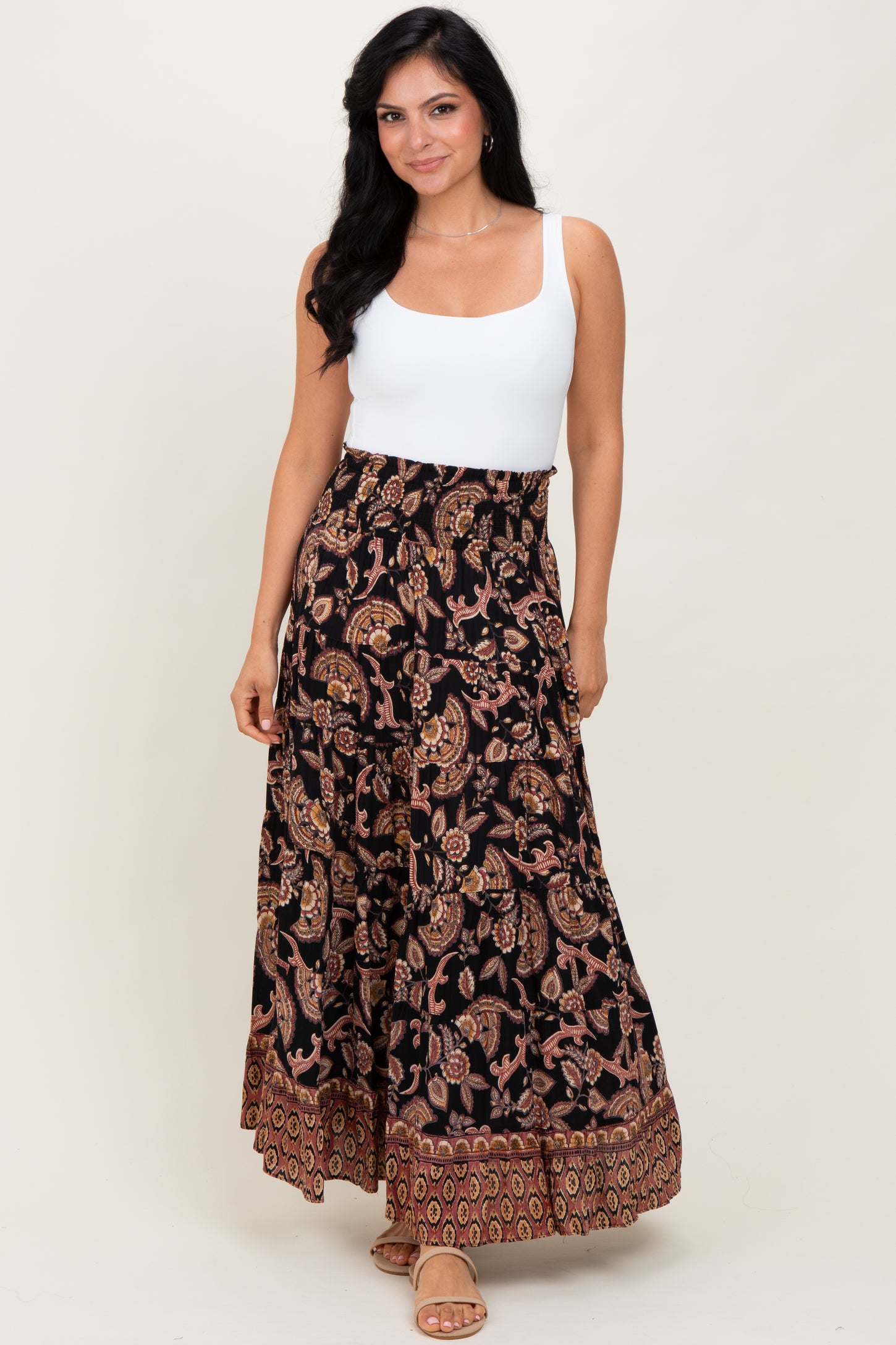 Black Paisley Smocked Waist Tiered Maxi Skirt