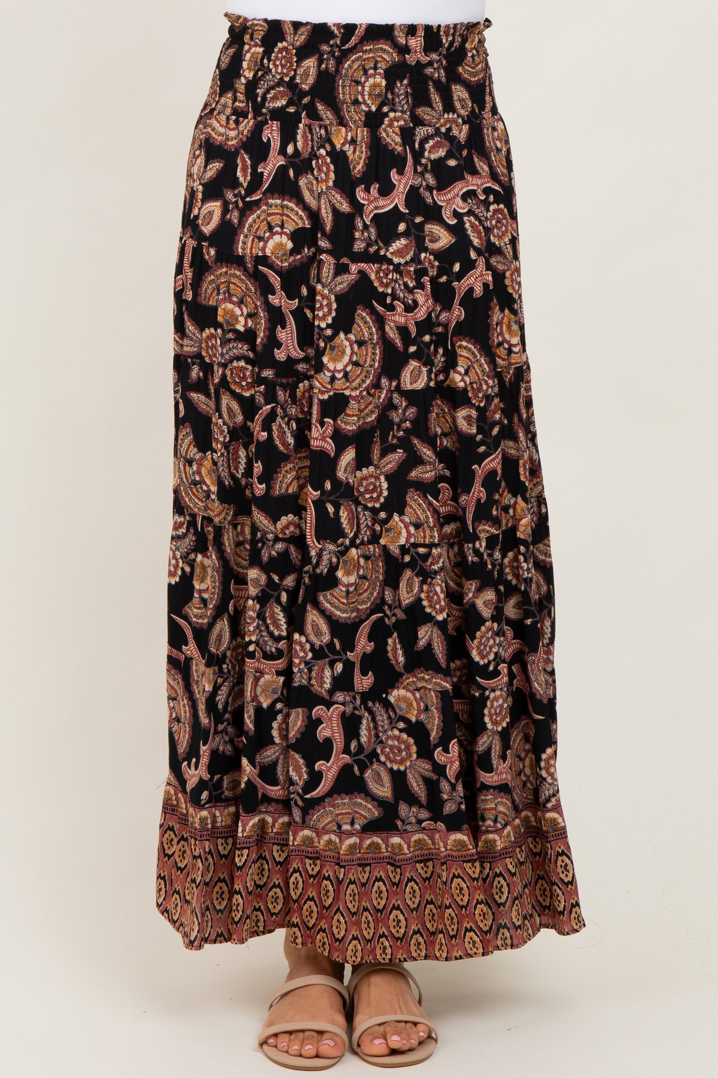 Black Paisley Smocked Waist Tiered Maxi Skirt