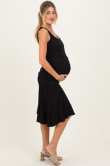 Black Ruched Sleeveless Drop Waist Maternity Midi Dress