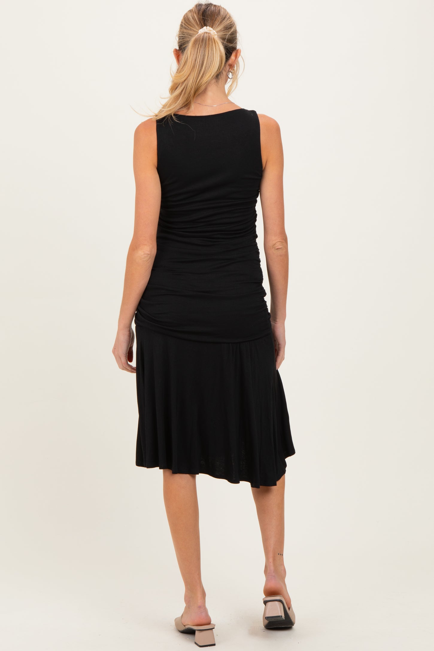 Black Ruched Sleeveless Drop Waist Maternity Midi Dress Black Ruched Sleeveless Drop Waist Maternity Midi Dress