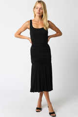 Black Ruched Sleeveless Drop Waist Midi Dress