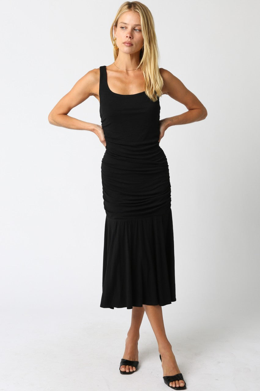 Black Ruched Sleeveless Drop Waist Maternity Midi Dress