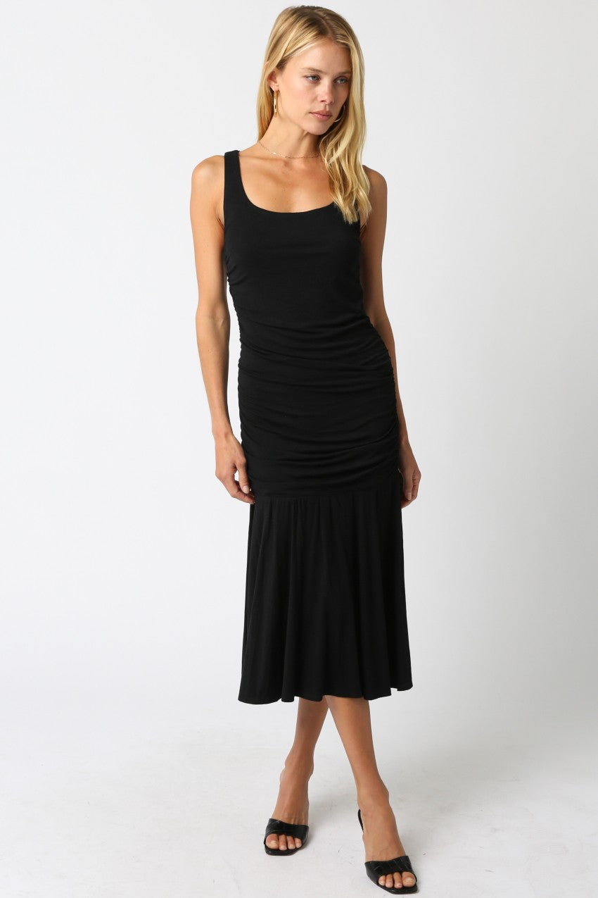 drop waist ruched midi dress Drop-Waist Ruched Midi Dress