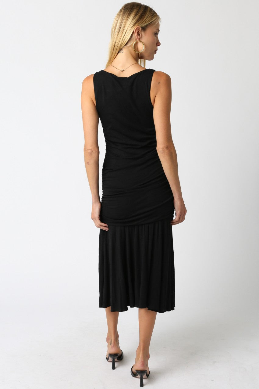 Black Ruched Sleeveless Drop Waist Midi Dress