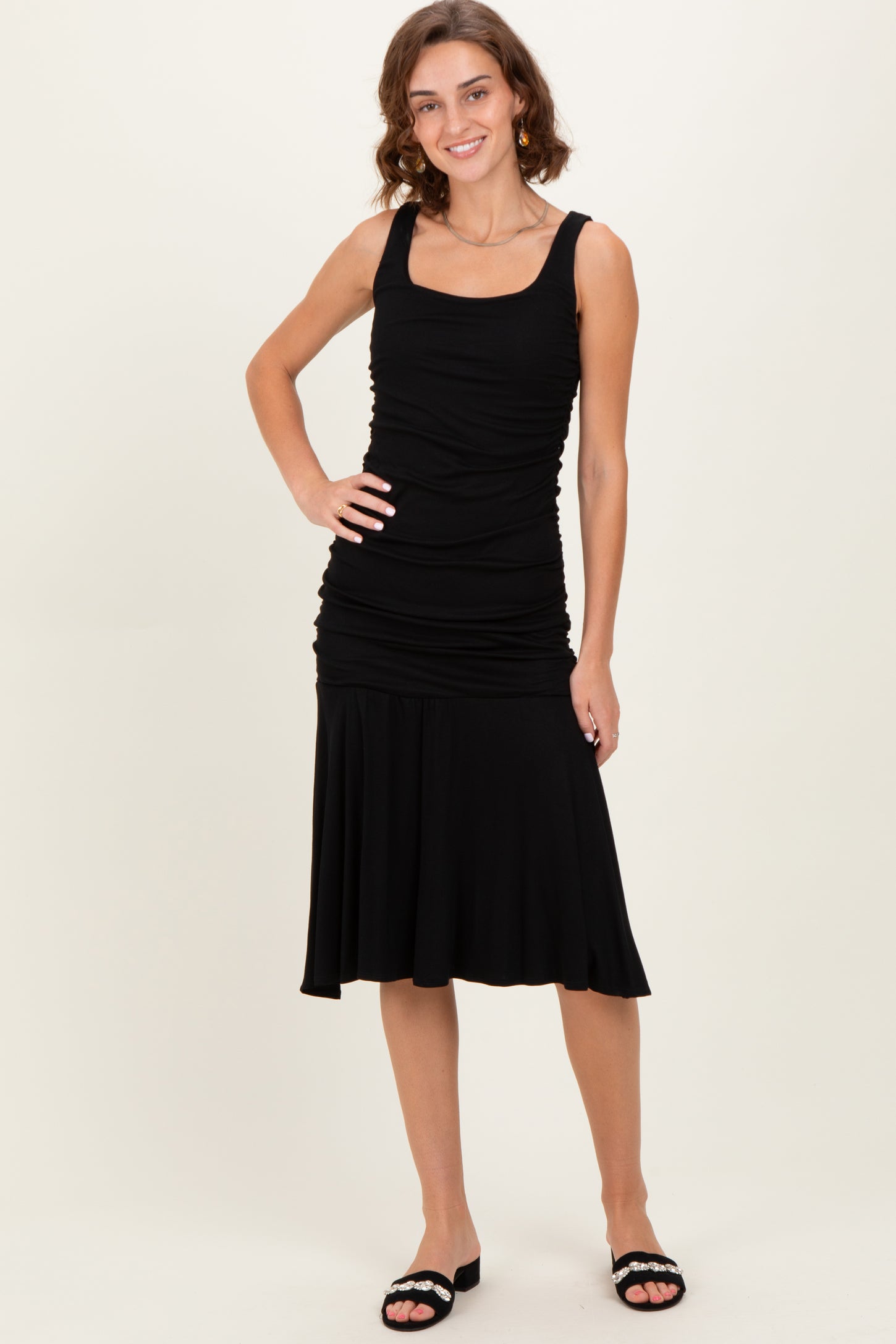 Black Ruched Sleeveless Drop Waist Midi Dress – PinkBlush