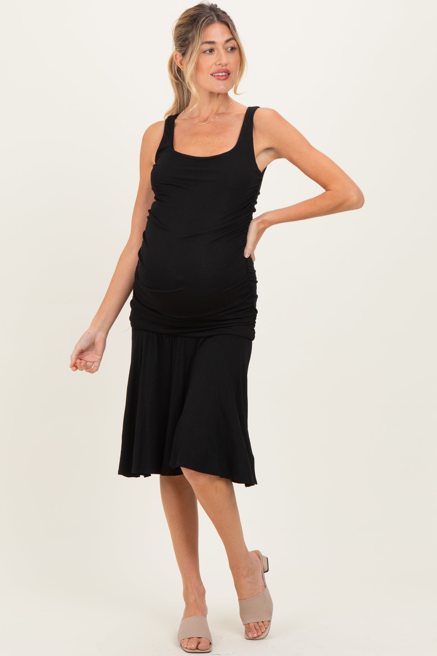 Black Ruched Sleeveless Drop Waist Maternity Midi Dress Black Ruched Sleeveless Drop Waist Maternity Midi Dress